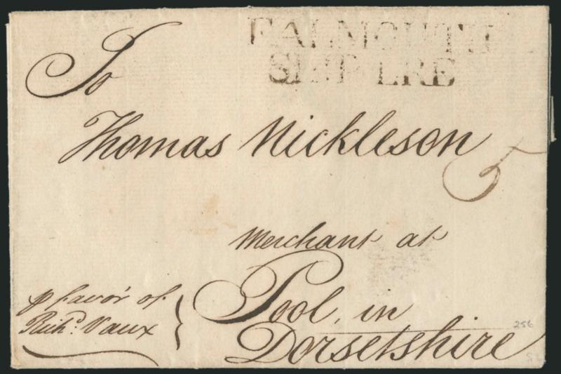(Philadelphia Pa., 1773) Ship Letter to England.> Folded latter datelined <<Philadelphia September 11th 1773>> and beautifully written and addressed <to Pool, England, in Dorsetshire,> clear strike of
^FALMOUTHSHIP LRE^ two-line handstamp, endor