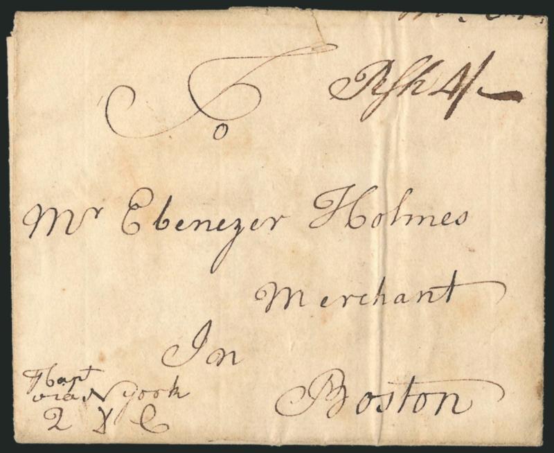 (Rhode Island, 1751) R Sh 4-.> Neat manuscript at top right of folded letter datelined <<Charles Town S. Carolina 18 Octo. 1751>> and addressed to Boston, endorsed <<pr Capt. via New York>> at lower left,
light vertical file fold and some wear