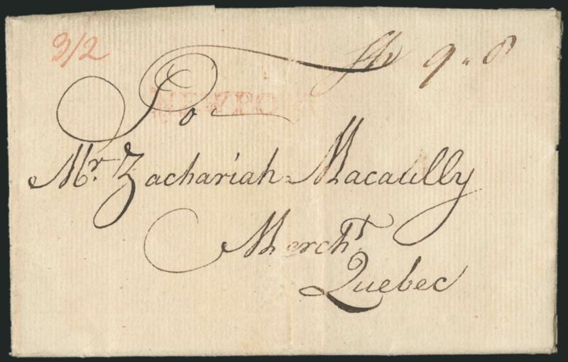 (Newport R.I., 1774) NEWPORT.> Lightly-inked but clear strike of red straightline handstamp with ms. Sh 9.0 incoming ship-letter rate and red ms. 32 3sh2p due marking on folded letter <to Quebec, Canada,>
datelined <<St. Johns Newfland Novemb