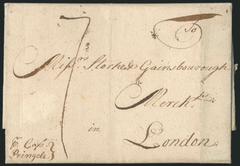 (South Carolina, 1734) South Carolina 19 March 1734.> Dateline on folded letter <to London, England,> endorsed <<pr Capt. Pringele>> at lower left, brown 29AP Bishops mark on back and ms. 7 due, light vertical
file fold, Very Fine and early