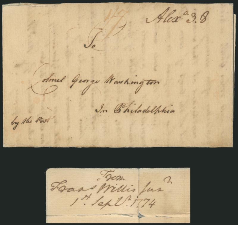(Alexandria Va., 1774) Alexa. 3.8.> Manuscript postmark and 3dwt 8gr rate, ms. 17 due in local currency on folded letter datelined <<Leesburg September 1st 1774>> and addressed <to <<Colonel George Washington
in Philadelphia>>,> written by F