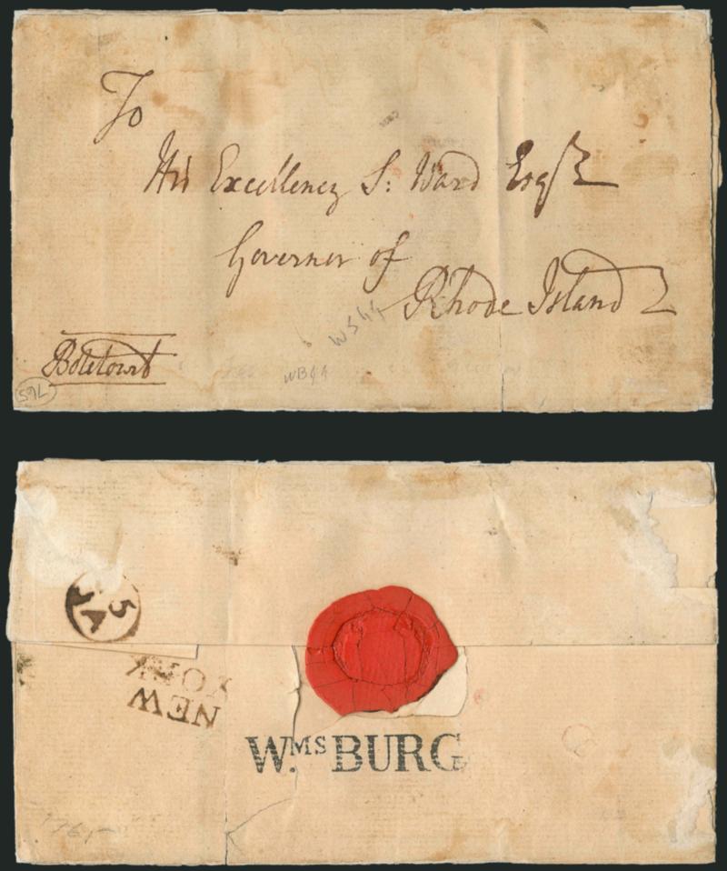(Williamsburg Va., 1765-66) WMS.BURG.> Folded cover with bold strike of straightline handstamp on bottom flap and addressed to <is Excellency S. Ward Esq., Governor of Rhode Island>>, also endorsed <otentort>>
at lower left, also with <NEW