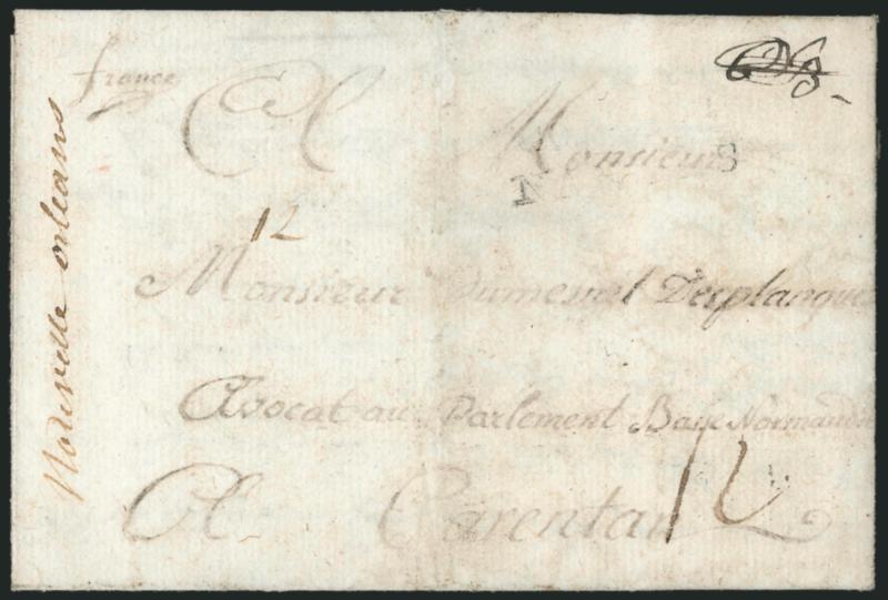 (New Orleans La., 1766) Nouvelle Orleans.> Manuscript notation or postmark at left with matching 12 (rate?) on 1766 folded letter <to Carentan, France, in Normandy> addressed to the Avocat au Parlement,
additional manuscript 12 at lower right a