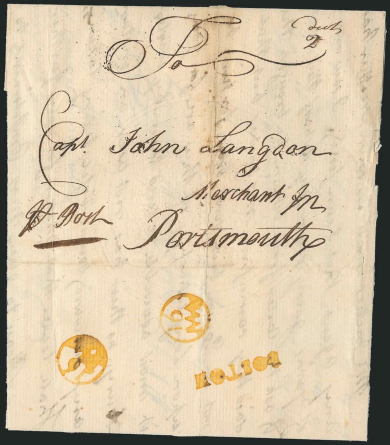 (Boston Mass., 1776) BOSTON.> Bold straightline handstamp in <golden yellow> with matching ^16MA^ (May 16) Franklin mark on back of <May 14, 1776,> folded letter to Portsmouth N.H., ms. 2 dwt rate, slight wear
and toning along file fold<><>^