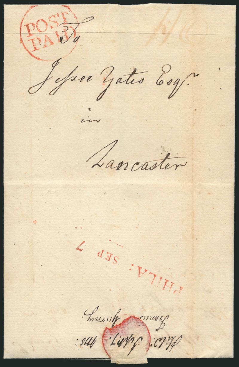 (Philadelphia Pa., 1775) PHILA: SEP. 7.> Clear strike of red straightline datestamp on back of folded letter from Francis Gurney to Jesse Yates in Lancaster Pa., matching Post Paid in circle handstamp on
front, ms. rate, Very Fine strike of this