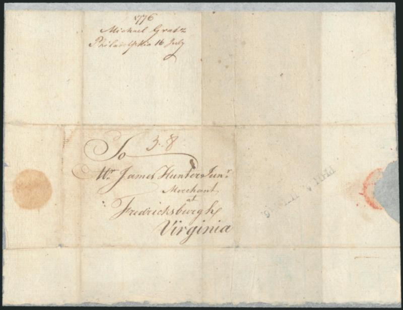 (Philadelphia Pa., July 1776) PHILA. JULY 16.> Straightline datestamp and ms. 3.8 dwt rate on side flap of folded cover to Fredericksburgh Va., 1776 docketing, opened for display and silked on both sides,
appears Fine, scarce cover from Philadelp