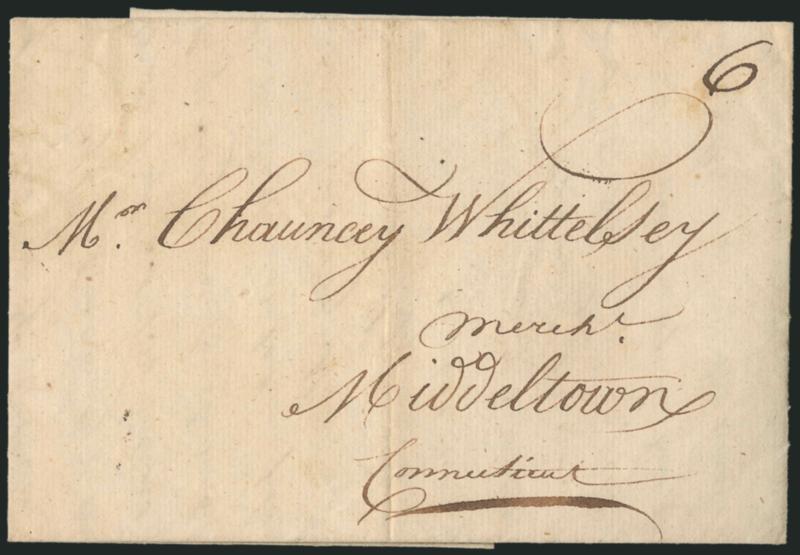 (Philadelphia Pa., 1779) Philadelphia March 30th 1779.> Dateline on folded letter to Middletown Conn., ms. 6 rate but with no other postal markings, business letter with remark <<...this branch will have no
such success for want of sailors and m