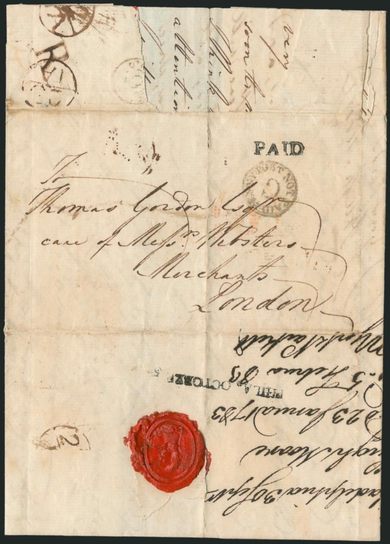 (Philadelphia Pa., 1782) PHILA * OCTOBER 5.> Clear strike of straightline datestamp struck on back of Sep. 30, 1782 folded letter <to London, England,> matching Paid handstamp, light strike of 6 in circle
handstamp, light strike of red postmark