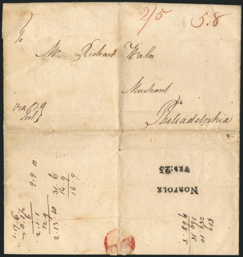 (Norfolk Va., 1775) NORFOLKFEB:25.> Bold strike of two-line datestamp on back of folded letter datelined <<Parquo. Co. No. Carolina 20th Feby. 1775>> and addressed to Philadelphia, 5.8 dwt rate and red ms. 25
due in local durrency, endorsed