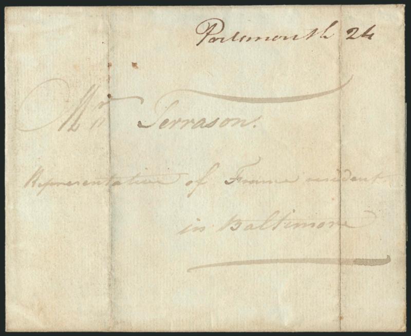 (Portsmouth Va., 1779) Portsmouth 24.> Neat manuscript postmark with rate on 1780 folded cover to <<Representative of France resident in Baltimore>>, docketing indicates sent on Dec. 9, 1779, vertical file
folds, Very Fine usage paying the 24dwt