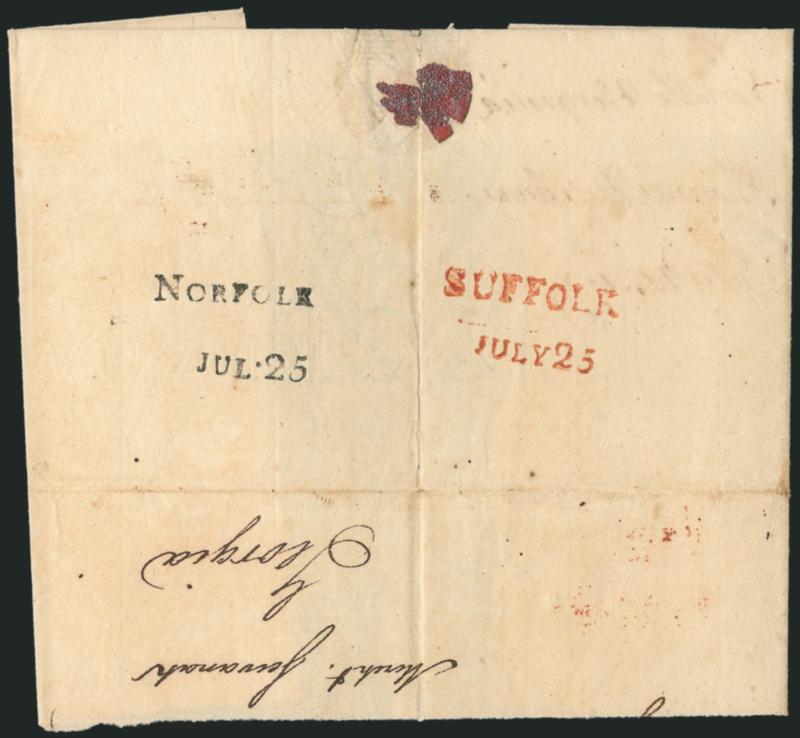 (Suffolk Va., 1775) SUFFOLKJULY 25.> Bold red two-line handstamp together with black <NORFOLKJUL 25> two-line handstamp on back of large part of 1775 folded cover to Savannah, about half of address panel is
missing<><>^CHOICE STRIKES OF THESE