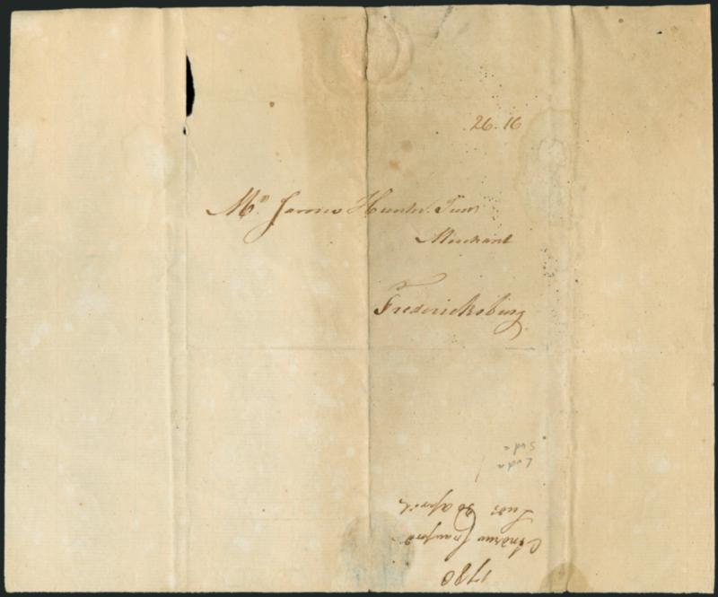 (Virginia, 1780) 26:16 20x Rate.> Manuscript rate (26dwt 16gr, or 80p) on folded cover to Fredericksburg Va., docketing reads <<1780 Andrew Crawford 30 April>>, vertical file fold and some toning, otherwise
Very Fine, rare example from the 20-tim