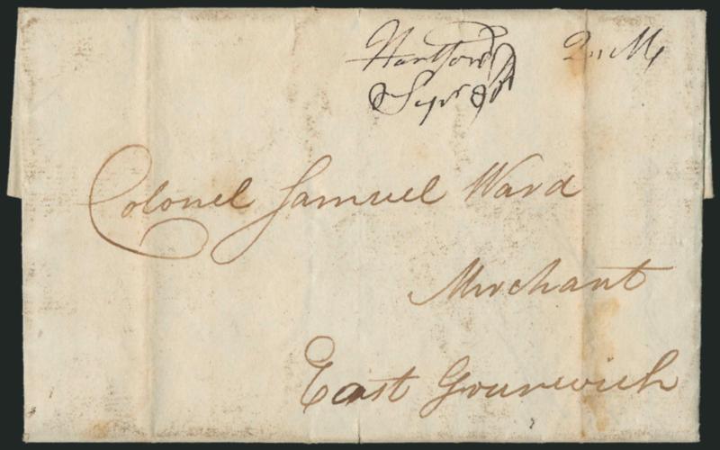 (Hartford Conn., 1782) Hartford Sept. 27.> Manuscript postmark with matching 2.16 dwt rate on 1782 folded letter to East Greenwich, back with ms. <<1 Postage>>, some slight wear, Very Fine, late use of this
style of Hartford ms. marking used d