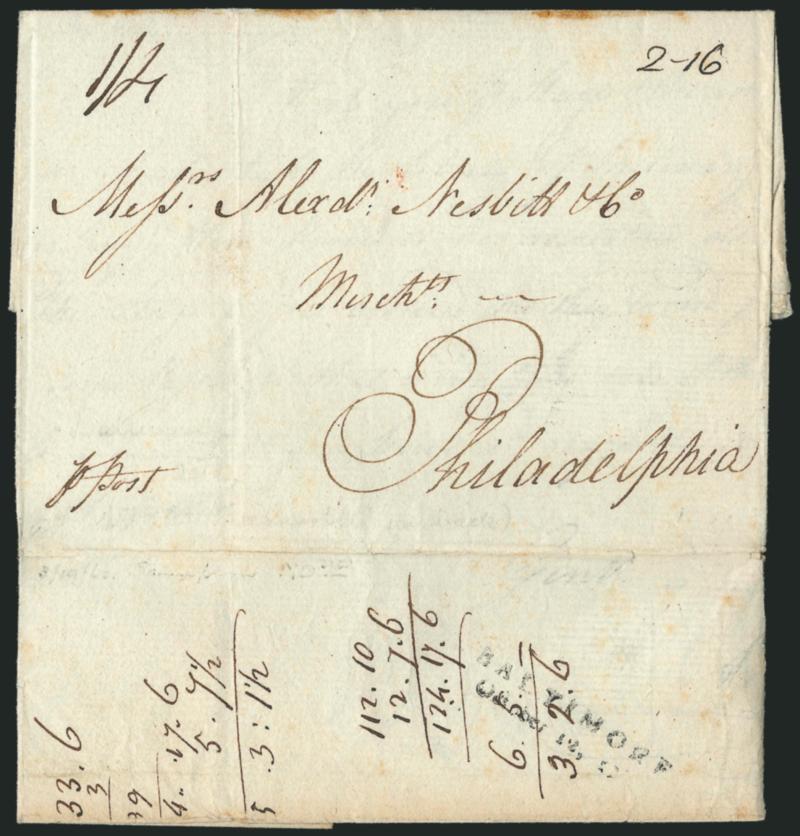 (Baltimore Md., 1782) BALTIMOREOCTOBER 12, 1782.> Two-line datestamp struck on back of folded letter to Philadelphia, ms. 2-16 dwt rate and 14 due in local currency, handstamp partly covered by docketing, Very
Fine Confederation Post cover