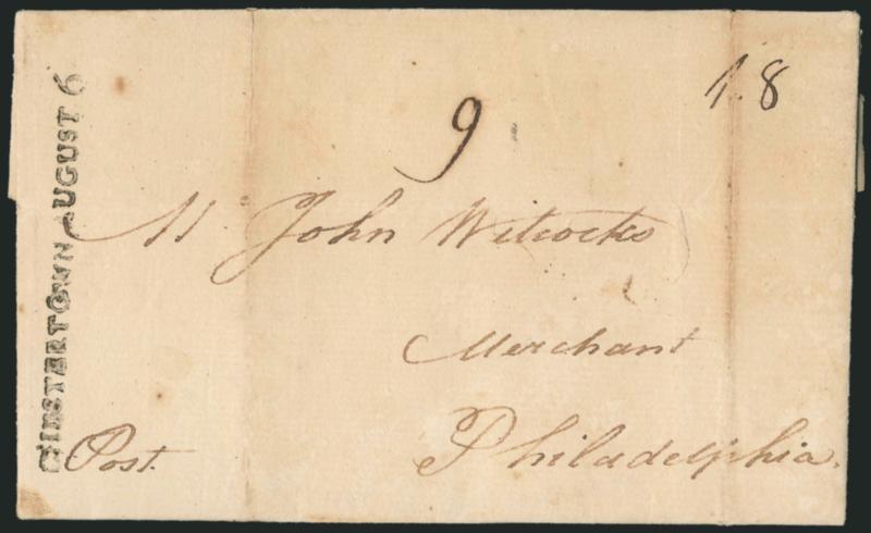 (Chestertown Md. 1788). CHESTERTOWN AUGUST 6.> Bold strike of straightline datestamp on 1788 folded letter to Philadelphia, ms. 1.8 dwt rate and 9 due in local currency, light vertical file folds<><>^VERY
FINE. A RARE EXAMPLE OF THE CHESTERTO