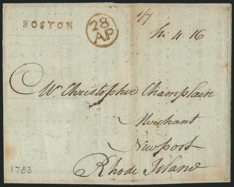 (Boston Mass., 1783) BOSTON.> Bold strike in brown ink with matching 28AP (Apr. 28) Franklin mark and ms. <<17>> and <<sh 4.16>> dwt rates on folded State of Duties on American Produce, at Nantes printed
notice to Newport R.I., light vert