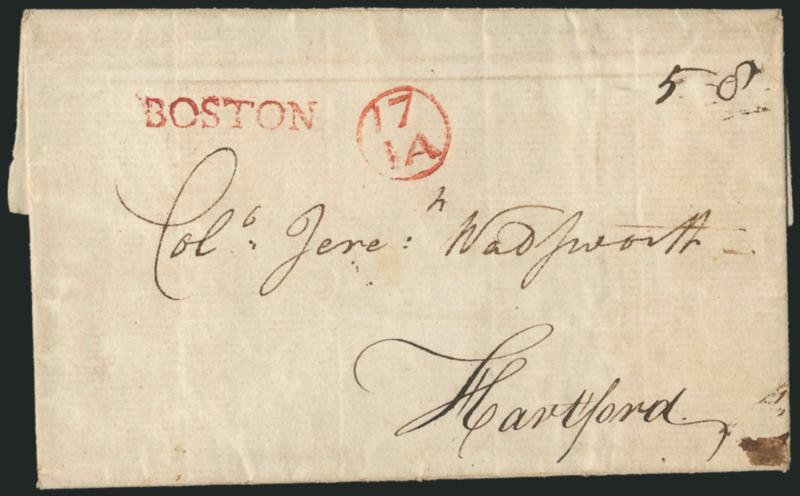 (Boston Mass., ca. 1783) BOSTON.> Well-struck red straightline handstamp with matching 17IA (Jan. 17) Franklin mark and ms. 5.8 dwt rate on undated folded cover to Hartford Conn., Very Fine strike