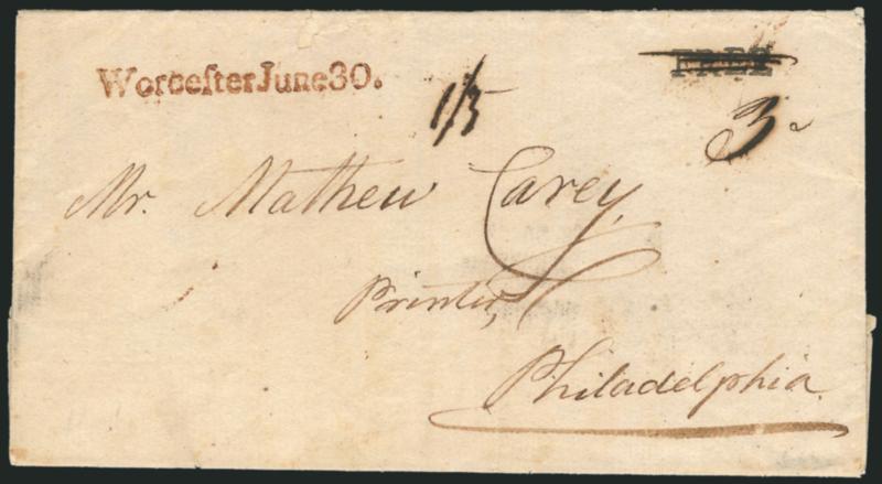 (Worcester Mass., 1788) Worcester June 30.> Well-struck straightline handstamp in red with Free handstamp in black crossed out and rate  3 dwt and 13 due in local currency on 1788 folded cover addressed to
<<Mr. Matthew Carey, Printer, Phil