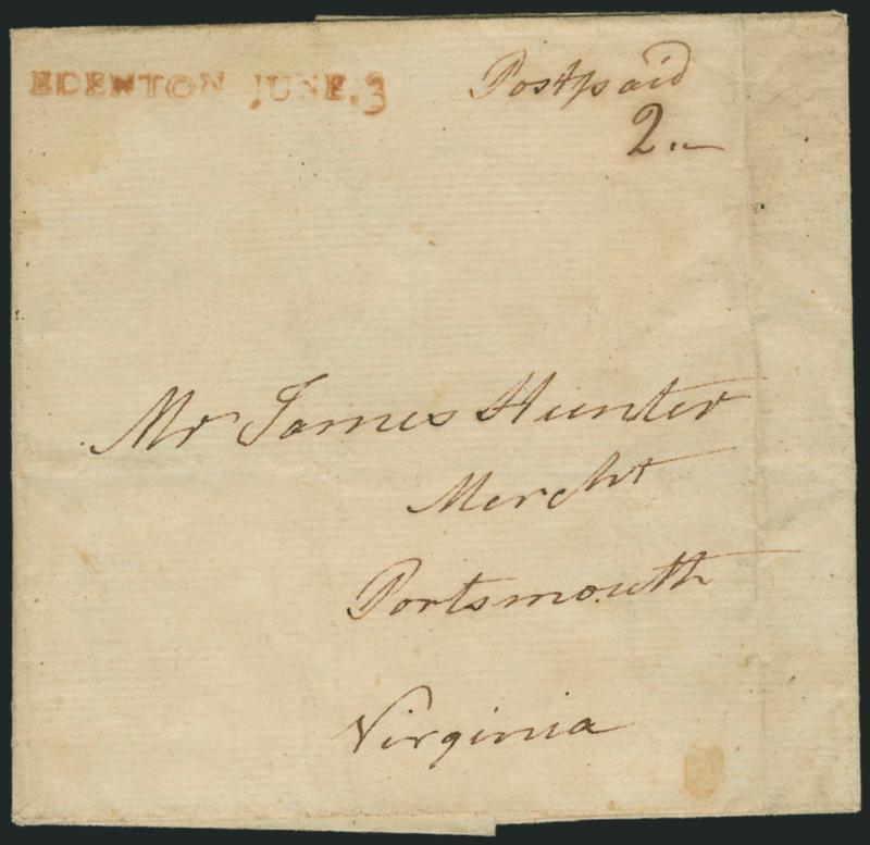(Edenton N.C., 1788) EDENTON JUNE 3.> Well-struck red straightline handstamp on folded cover from North Carolina to Portsmouth Va., ms. <<Postpaid 2.>>, 1788 docketing on back, trivial file fold, Very Fine
strike of this scarce Confederation Post