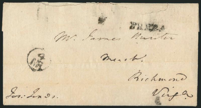 (Philadelphia Pa., 1783) PHILA.> Slightly smudged strike of straightline handstamp with 4MR Franklin mark on 1783 folded cover to Richmond Va., docketing indicates sender was Joseph Jones who was the uncle of
James Monroe and a member of the Con