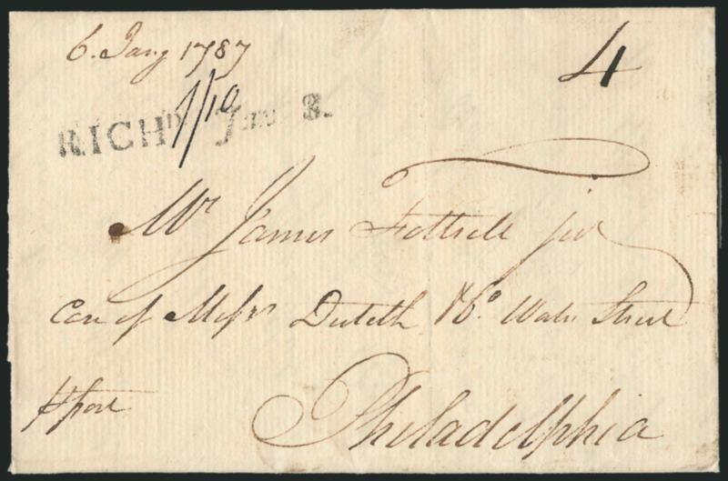 (Richmond Va., 1787) RICHd Jan. 8.> Clear strike of straightline handstamp with ms. 4 dwt rate and 110 due in local currency on folded letter datelined <<Petersburg 6th January 1787>> and addressed to
Philadelphia, endorsed <<pr post>> at