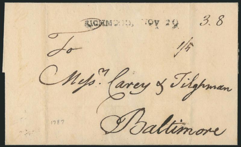 (Richmond Va., 1787) RICHMOND.> Folded letter and cover, both dated in 1787: first with Sep. 24 straightline datestamp to New York with 6 and 3 rates second Nov. 29 with 3.8 and 15 rates to Baltimore, vertical
file folds, Very Fine strik