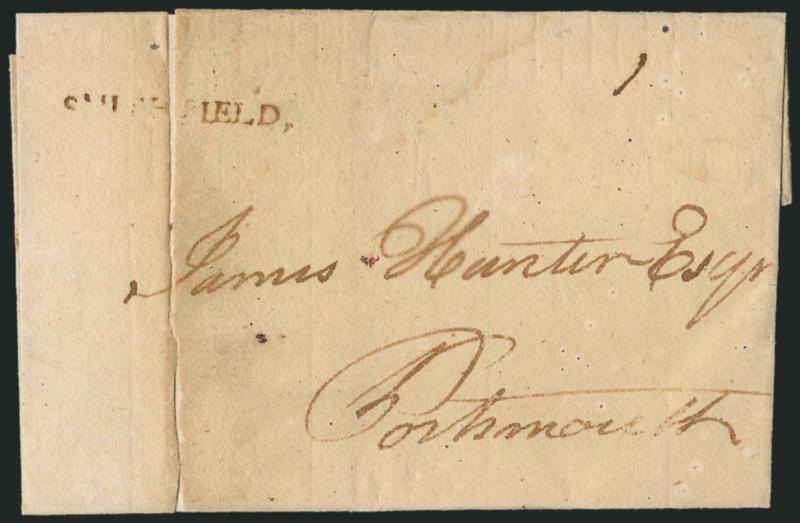 (Smithfield Va., 1782) SMITHFIELD.> Bold straightline handstamp in brown with ms. 1 rate on 1782 folded cover to Portsmouth (Va.), some splitting and age toning along vertical file fold affect marking, still
Very Fine strike, <this marking is lik