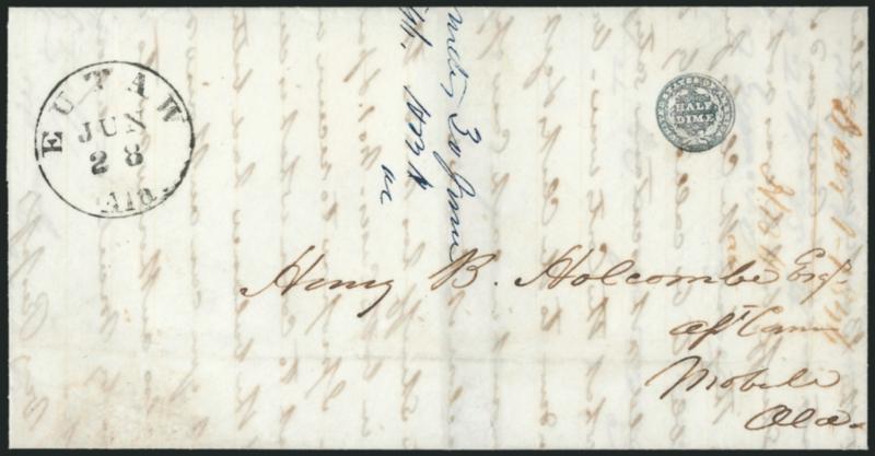 Eutaw Ala. Jun. 28.> Well-struck circular datestamp with matching <United States of America, Half Dime> negative handstamp on 1846 folded letter to Mobile Ala., docketed at center, Extremely Fine strike of
this rare coin marking