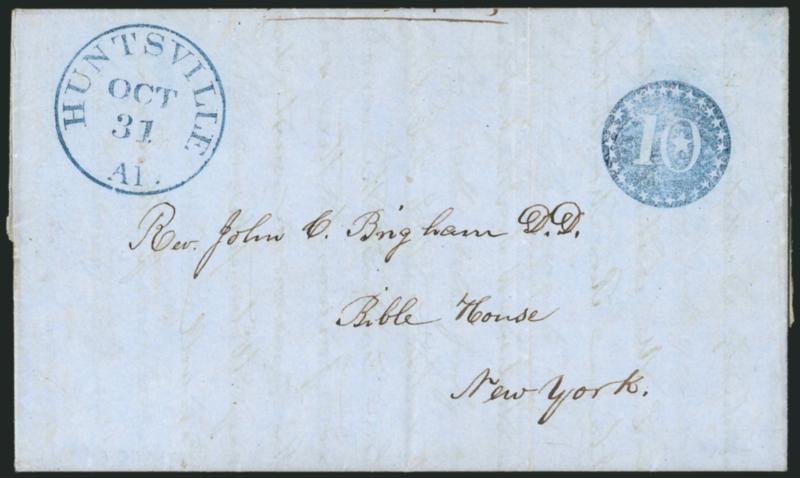 Huntsville Al.> Two folded letters: first with blue June 24 circular datestamp and matching <5 in star> handstamp to Oakland P.O. Ala., second with Oct. 31 circular datestamp also struck in blue with matching
<negative 10 and stars in circle> han