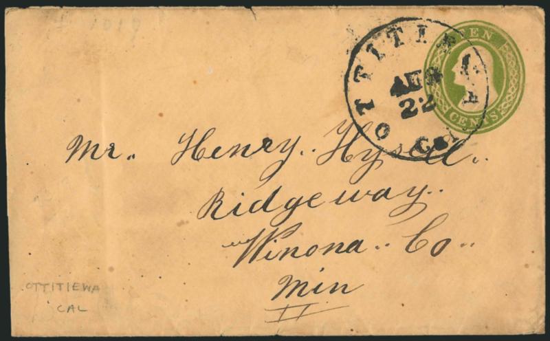 Ottitiewa Cal. Apr. 22.> Bold strike of circular datestamp cancels <10c Green Nesbitt entire> to Ridgeway Minn., some wear, slightly reduced at left, Very Fine strike of this scarce marking from northern
California, the name of the town was changed t