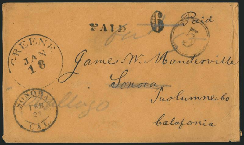 Sonora Cal. Feb. 25.> Small double-circle datestamp with 5 in double-line circle rate handstamp on <forwarded> brown cover to Sonora, redirected to Vallejo, Greene N.Y. Jan. 18 circular datestamp with Paid and
6 transcontinental rate handstam