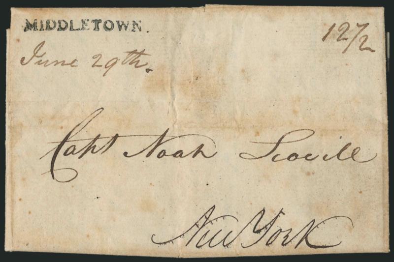 MIDDLETOWN.> Bold strike of straightline handstamp with June 29th date in ms., matching 12-12 rate on 1793 folded letter to New York, some slight soiling, Very Fine strike of this marking