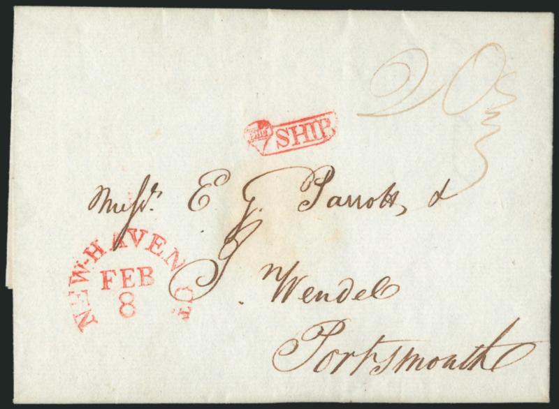 New-Haven Ct. Feb. 8.> Rimless circular datestamp with matching <^SHIP^ in fancy scroll> handstamp on 1820 folded letter to Portsmouth, ms. 20-34 rate, letter datelined <avana January 19, 1820>>, contents
discuss decline in prices for Americ