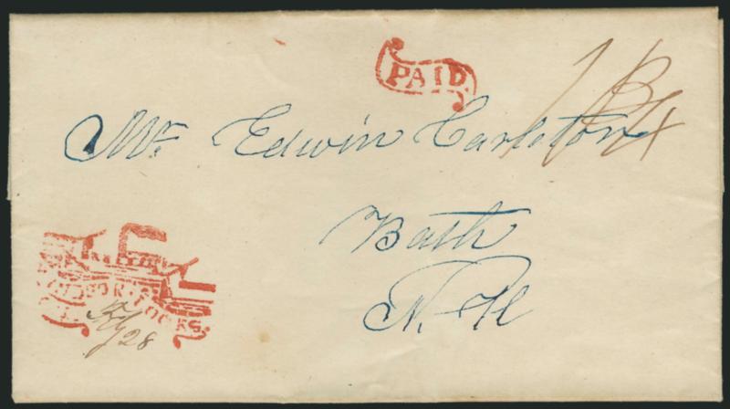 Windsor Locks Ct. Feby. 28.> Clear strike of red pictorial handstamp with date in ms., matching Paid in scroll on 1842 folded letter to Bath N.H., ms. 18-34 rate, fresh and Very Fine, a sharp and detailed
strike of this remarkable handstamp depi