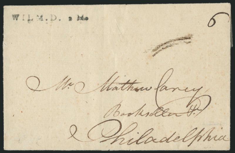 WILM. D. 2 Ma.> Well-struck straightline handstamp with ms. 6 rate on folded cover to Philadelphia, fresh and Very Fine example of this desirable marking, probably used in 1790s