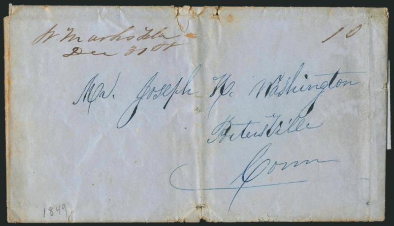 St. Marks Fla., Dec. 31st.> Manuscript postmark with matching 10 rate on 1849 folded letter to Petersville Conn., vertical file fold, some edge tears and edgewear, still Very Fine, scarce