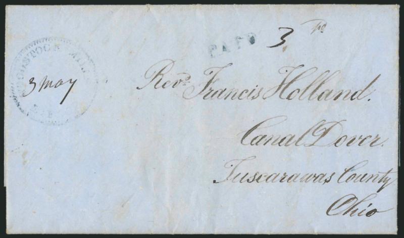 Woodstock Mills E. Flora.> Two stampless covers each struck in blue, first with ms. Sept. 21 date on 1850 folded letter to New York with ms. 10 rate, second with ms. 3 May date with ms. 3 rate and Paid
handstamp on 1852 folded letter to Can