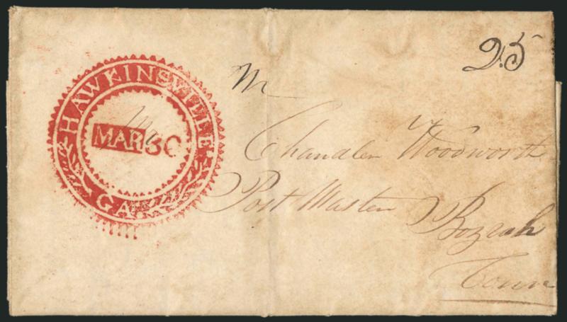 HAWKINSVILLE GA, MAR 30.> Clear strike of fancy red serrated circle handstamp with negative lettering and ms. 25 rate on 1833 folded letter to Bozrah Conn., faint vertical file fold does not affect marking,
some slight overall soiling<><>^EXTREME