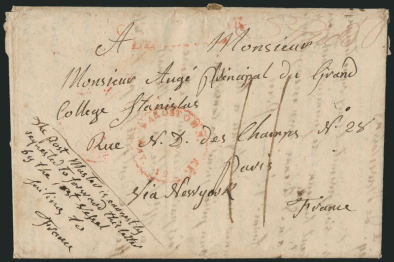 Bardstown Ky. May 12.> Clear strike of red circular datestamp with sawtooth edge with manuscript <<Paid 50>> on 1825 folded letter <to Paris, France,> indistinct red Colonies Par Le Havre two-line handstamp at
top, manuscript 11 decimes due, re