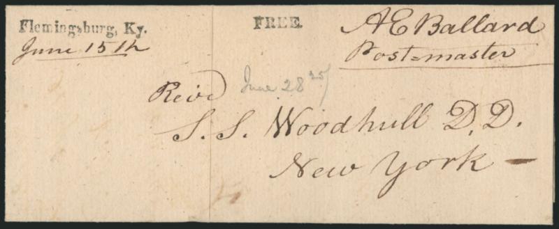 Flemingsburg, Ky. June 15th.> Straightline handstamp with date in ms., matching Free handstamp on 1824 folded letter to New York, Extremely Fine strike, illustrated in ASCC on p. 110