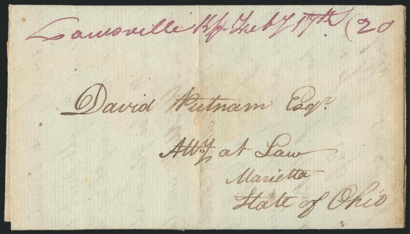 Louisville Ky. Feby. 17th.> Magenta manuscript postmark with matching 20 rate on 1805 folded letter to Marietta Ohio, some slight wear, Very Fine and a very early usage, the population in 1800 was only
359