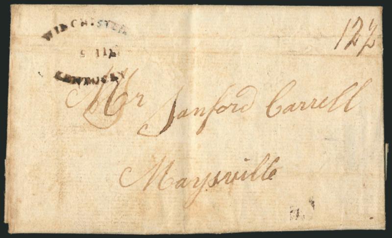 Winchester, Kentucky.> Strike of <brown> oval postmark with ms. 12-12 rate on 1811 folded letter to Marysville Ky., some overall soiling, Very Fine, this predates the earliest listing in ASCC by three years,
it is also unlisted struck in brown, th