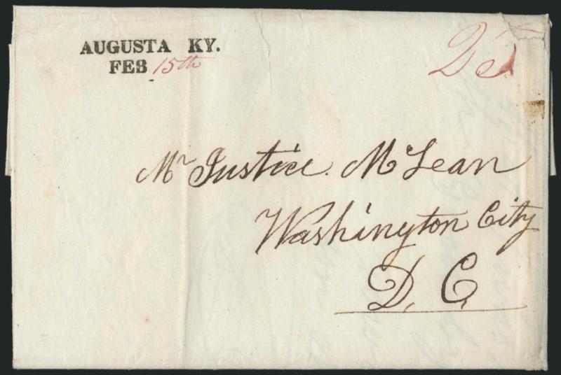 Kentucky Stampless Covers.> Four, incl. 1832 Augusta straightline to Washington D.C., 1809 Frankfort oval with ms. 25 rate to Jerusalem Va., straightline LEX.K handstamp on folded cover to Baltimore, last is
1834 Winchester oval to Point Pleasant