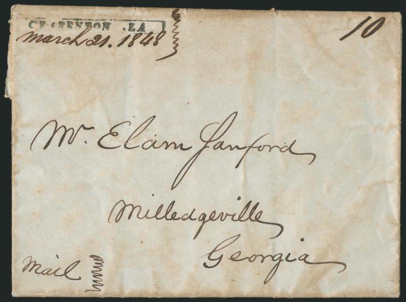 CHARENTON LA., March 21, 1848.> Bold strike of small boxed straightline handstamp with ms. date and 10 rate on folded letter datelined <<St. Mary Attakapas, Louisiana, March 18, 1848>> and addressed to
Milledgeville Ga., some overall soiling, Ver
