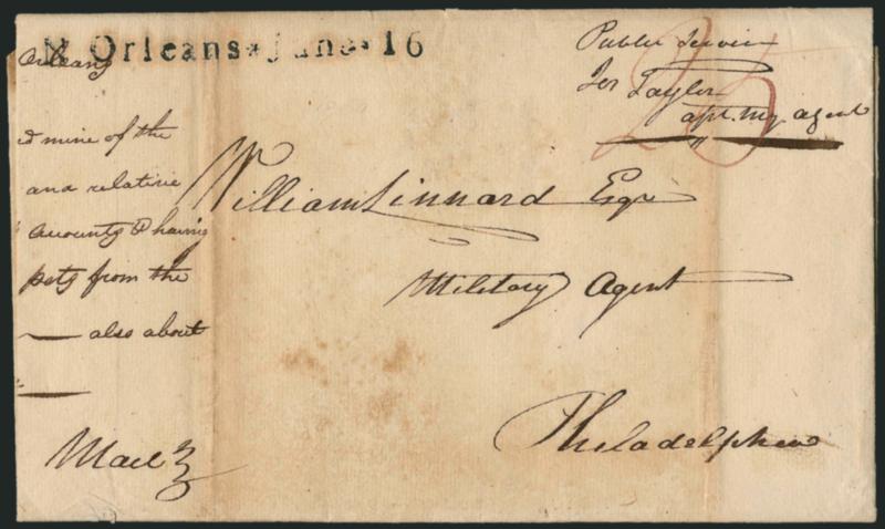 N Orleans * June * 16.> Well-struck straightline datestamp with ms. 25 rate crossed out and with ms. <<Public Service, Jos. Taylor, asst. my. agent>> on 1804 folded cover to <<Military Agent, Philadelphia,>>
contents discuss receipt of supplies