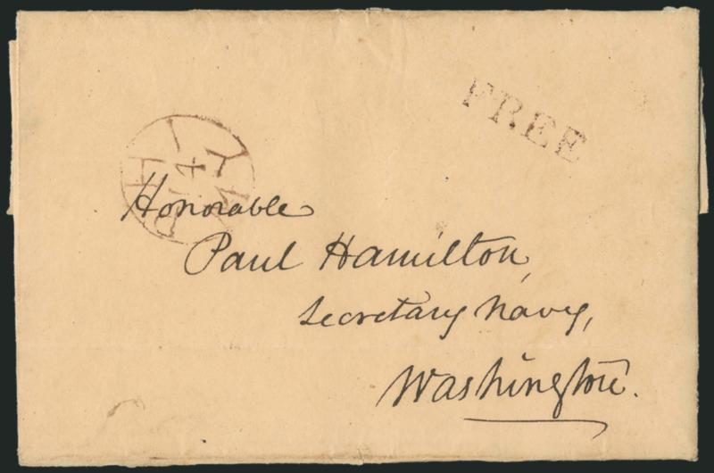 New Orleans Febr. 17, 1810.> Dateline on folded letter to Secretary of the Navy in Washington, purple ^PHI 14 MY^ circular datestamp with matching Free handstamp, minor wear, Very Fine, carried outside of the
mails to Philadelphia, during this