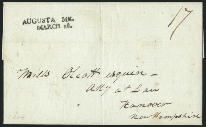 AUGUSTA ME.MARCH 28.> Bold strike of two-line datestamp with ms. 17 on 1804 folded letter to Hanover N.H., Extremely Fine strike, ex Mayer