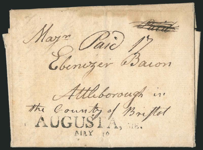 AUGUSTA, ^ME.MAY 16^.> Well-struck two-line datestamp on 1805 folded letter to Attleboro Me., ms. Paid 17, some slight soiling at top, Very Fine strike of this scarce marking