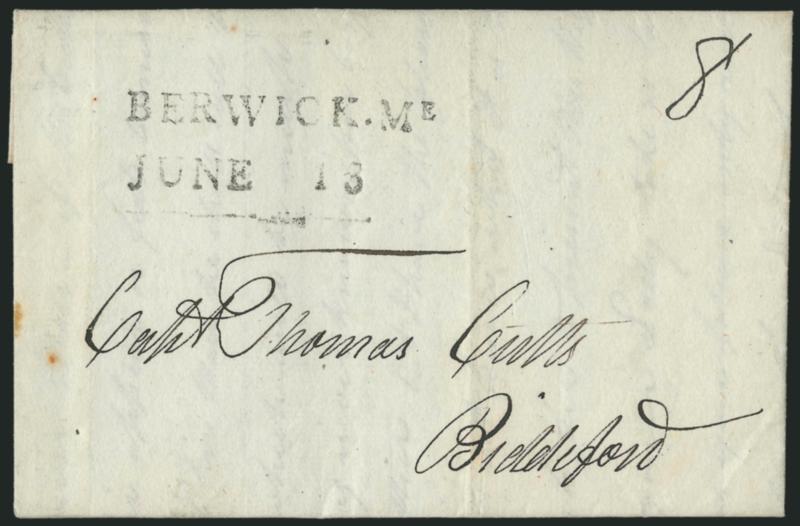 BERWICK. MEJUNE 13.> Well-struck two-line datestamp with ms. 8 rate on 1807 folded letter to Biddeford Me., Very Fine and choice, a fantastic example of this marking