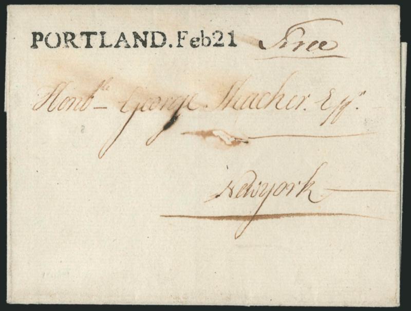 PORTLAND. Feb 21.> Perfect strike of straightline datestamp with ms. Free on 1789 folded letter to New York, minor erosion in address, Extremely Fine strike of this District of Maine postmark